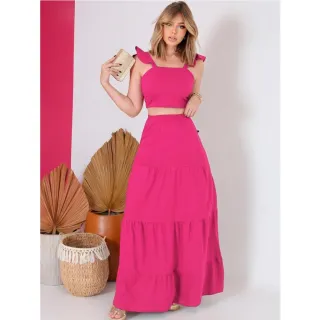 Moda feminina: Saia Longa + Cropped Top Casual Longo - Preto