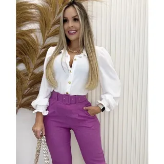 Moda Tendência: Camisa Social Feminina com Manga Estico e Botão - Preto
