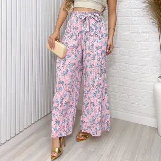 Moda Feminina: Calça Plissada Floral Pantalona com Cinto Amarrada - Preto