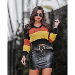 Cropped Tricolor Trico Manga Longa Blogueira Feminina