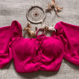 Tamanho Único Cropped Ciganinha em Viscose com Bojo - Laranja