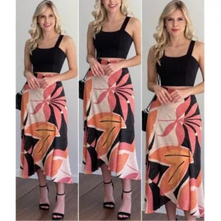 Amarração Estampa Floral Saia Longa Envelope Feminina Fenda - estampa 16