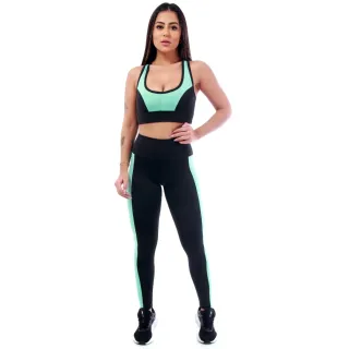 Roupas Femininas Conjunto Fitness Calça Legging e Top para Academia A02 - A02 - Preto / Azul Bic