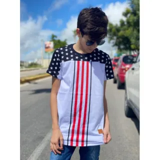 Camiseta Long Line Masculina Listrada - Promoção - Vermelho com branco infantil