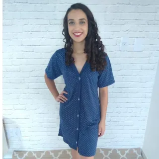 Camisola Aberta Botões Adulto Blogueirinha Liso Camisão - Azul