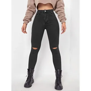 Moda feminina: Calça jeans preta cintura alta, detalhe rasgado nos joelhos - 40