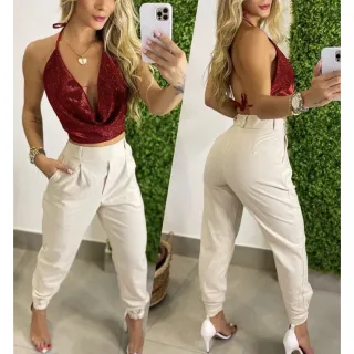 Moda Gringa Cropped Glitter Lurex Decote Alcinha Brilho - Preto