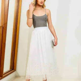 Moda Verão Saia Feminina Forrada de Tule Midi com Brilho - 3RD SD044 - Creme