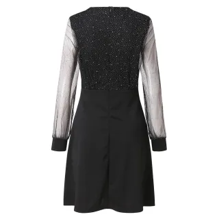 Vestido de Malha Glitter Manga Longa Feminino Curto com Decote em V Linha A para Clube/Festa/Social P-XXXG - Brilho