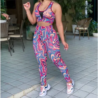 Conjunto de treino feminino suplex calça legging e top cropped telinha - Estampa variada