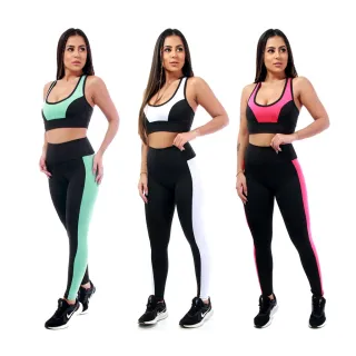 Roupas Femininas Conjunto Fitness Calça Legging e Top para Academia A02 - A02 - Preto / Azul Bic