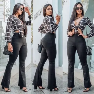 Legging Bailarina de Compressão Alta, Calça Flare Bandagem Cós Alto - Preta