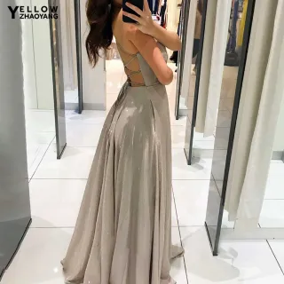 Vestido Frente Única Brilhante Corte Baixo Chão Banquete - Vermelho