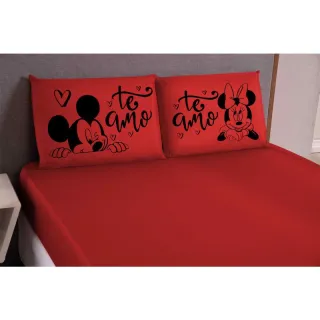 Mickey Minnie Eu te amo - Jogo de lençol King/Queen 3 peças estampado com elástico - Salmão preto