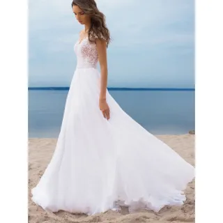 Maxi Vestido Branco Feminino de Renda Chiffon com Decote em V - Promoção - Branco
