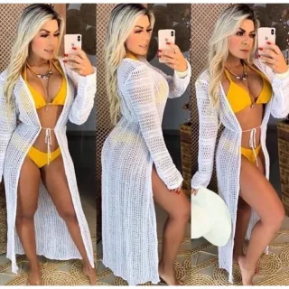 Tricot Manga Longa Saida de Praia - Azul