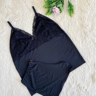 Pijama de Verão Plus Size Renda Short Dool - Ref 879 - Todo preto