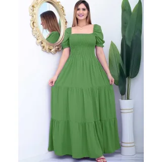 Vestido feminino longo manga curta com elástico - Azul Royal