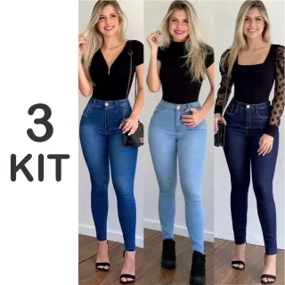 Calça Jeans Feminina Levanta Bumbum Cintura Alta - Kit com 3 unidades - Preta Rasgada, Padrão e Preta