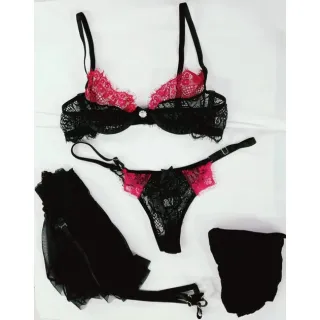 Renda Neon Conjunto Lingerie, Meia 7/8 e Saia Sexy de Liga Removíveis - PRETO C/ VERDE PAVÃO