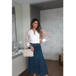 Blusa Feminina Manga Longa com Elástico na Cintura em Renda - Vermelha