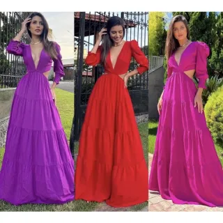 Lançamento Vestido Longo Feminino Manga Longa Decote Profundo Casamento - Roxo