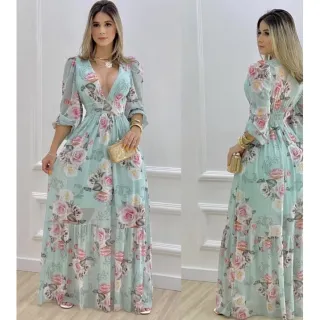 Vestido Tule Manga Longa  Feminino Festa Casamento - Fundo Azul escuro