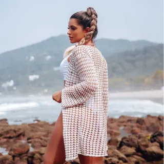 Manga Longa Tricô Kimono Feminino Saída de Praia - Branco