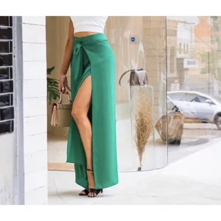 Cós Alta Calça Pantalona Feminina Envelope Viscolinho Fendas Laterais - Rosa