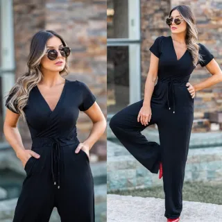 Casual Discreto Decote Transpassado Manga Curta Longo Social Feminino Macacão - G