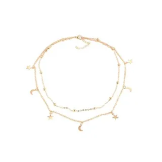 Short Necklace Women Double Moon Stars Simple - Silver