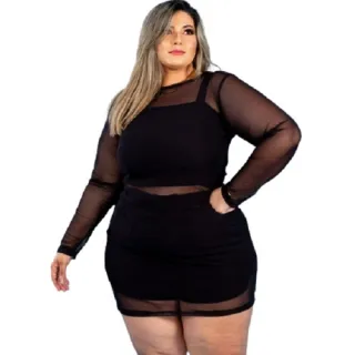Conjunto Plus Size em Tule: Short, Cropped e Vestido - Kit de 3 peças
