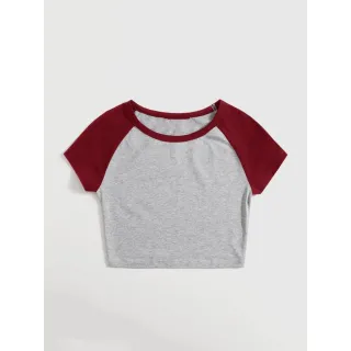 Moda Feminina Camiseta Raglan Cropeed Duas Cores - CINZA MESCLA / AZUL MARINHO