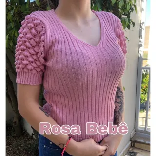 Blusa Manga Curta Feminina Tricô Gola V Trabalhada - Fúcsia