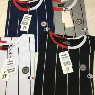 Moda top: Camiseta Masculina Listras Verticais em Algodão de Alta Qualidade - Branco