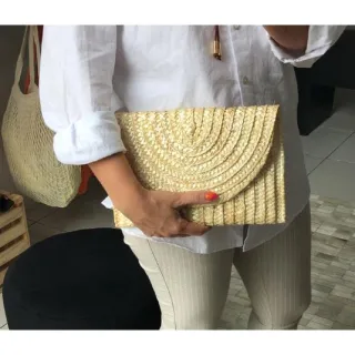 Ecobag feminina com forro interno e palha brilhosa - Carteira de palha natural - Amarelo