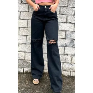 Wide leg pantalona jeans feminina - Cintura alta - Calça escura