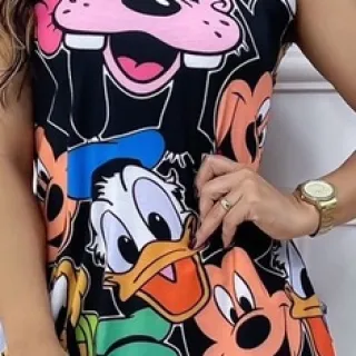 Camisão Plus Size Estampado em Malha Feminino - Vestido de Malha - TURMA DO MICKEY ROSE