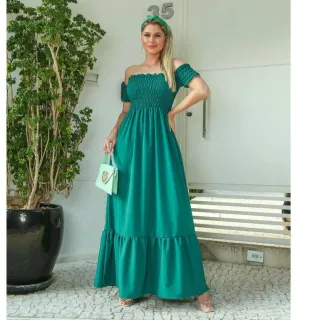 Vestido Longo de Poliéster Ombro a Ombro - Goiaba