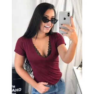 Preço baixo! Blusinha feminina malha podrinha manga curta decotada - Azul bb