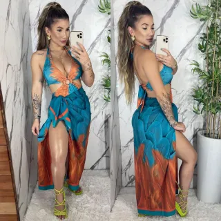 Conjunto de Body/Maiô e Páreo Saída de Praia para o Verão - IZA- Folhagem