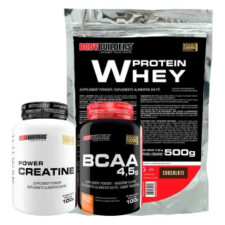 Aumento de Massa Muscular - Kit Whey Protein Concentrado em Blend Proteico 500g + BCAA 4,5 100g + Power Creatina 100g - Chocolate
