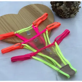 Regulagem Tule Neon Sexy Bicolor - Kit 10 Calcinha Tanga Colorida - Só tule preto