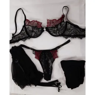 Renda Neon Conjunto Lingerie, Meia 7/8 e Saia Sexy de Liga Removíveis - PRETO C/ VERDE PAVÃO