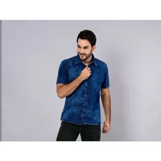 Pronta entrega! Camisa masculina manga curta slim fit jeans com elastano - jeans escura luxo.