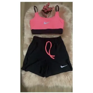 Roupa de Academia Conjunto Fitness Feminino Blusa Top Shorts - PRETO/PRETO