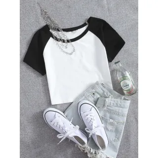 Moda Feminina Camiseta Raglan Cropeed Duas Cores - CINZA MESCLA / AZUL MARINHO