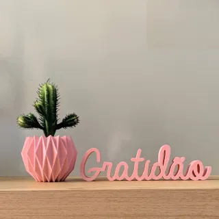 Palavra Gratidão e Kit Vaso Origami - Cobre