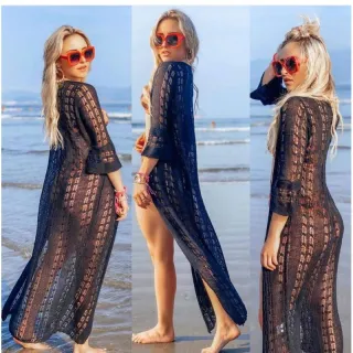 Moda praia manga 7/8: Saída de praia longa tricot - ROSA BB