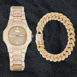 Pulseira + Relógio Ice Hip Hop Zircônia Cravejados - Alta Qualidade - Dourado